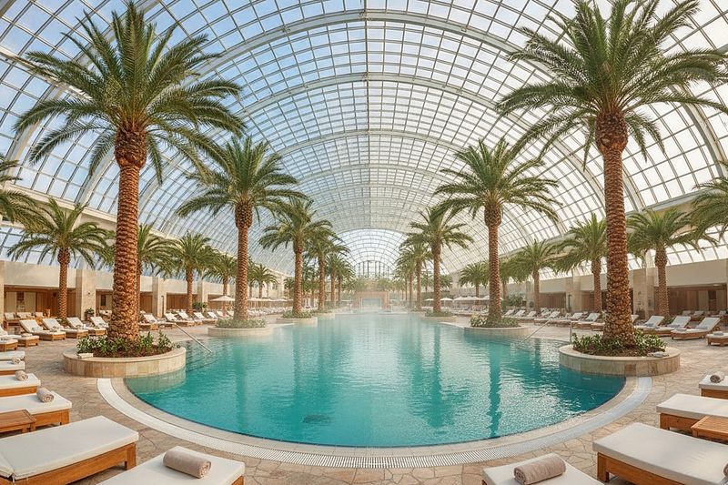 La zona The Palm: piscina termale sotto le palme e lettini